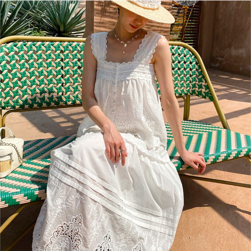 Embroidery Vest - Atasan Rompi Leher Persegi Putih Bohemian