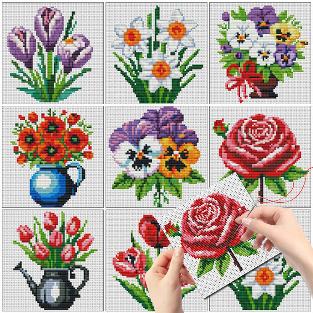 Embroidery Rose Stitch - Evershine 8 Buah Pola Vas Bunga
