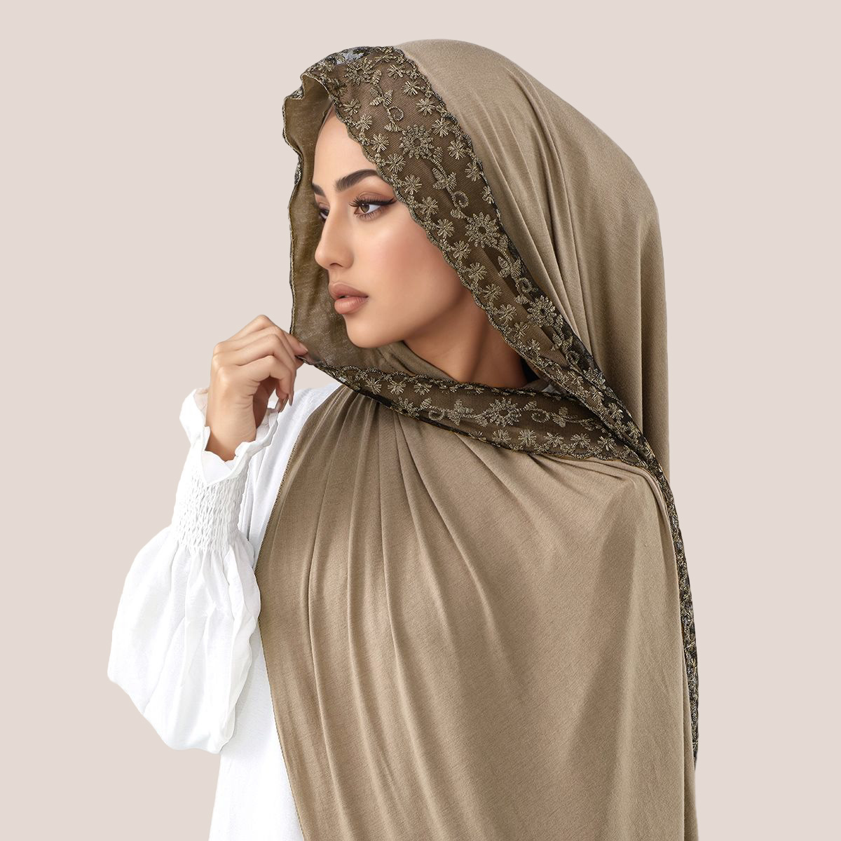 Hijab Muslim Jersey Katun Bord - Embroidery Lace ulasan dan harga
