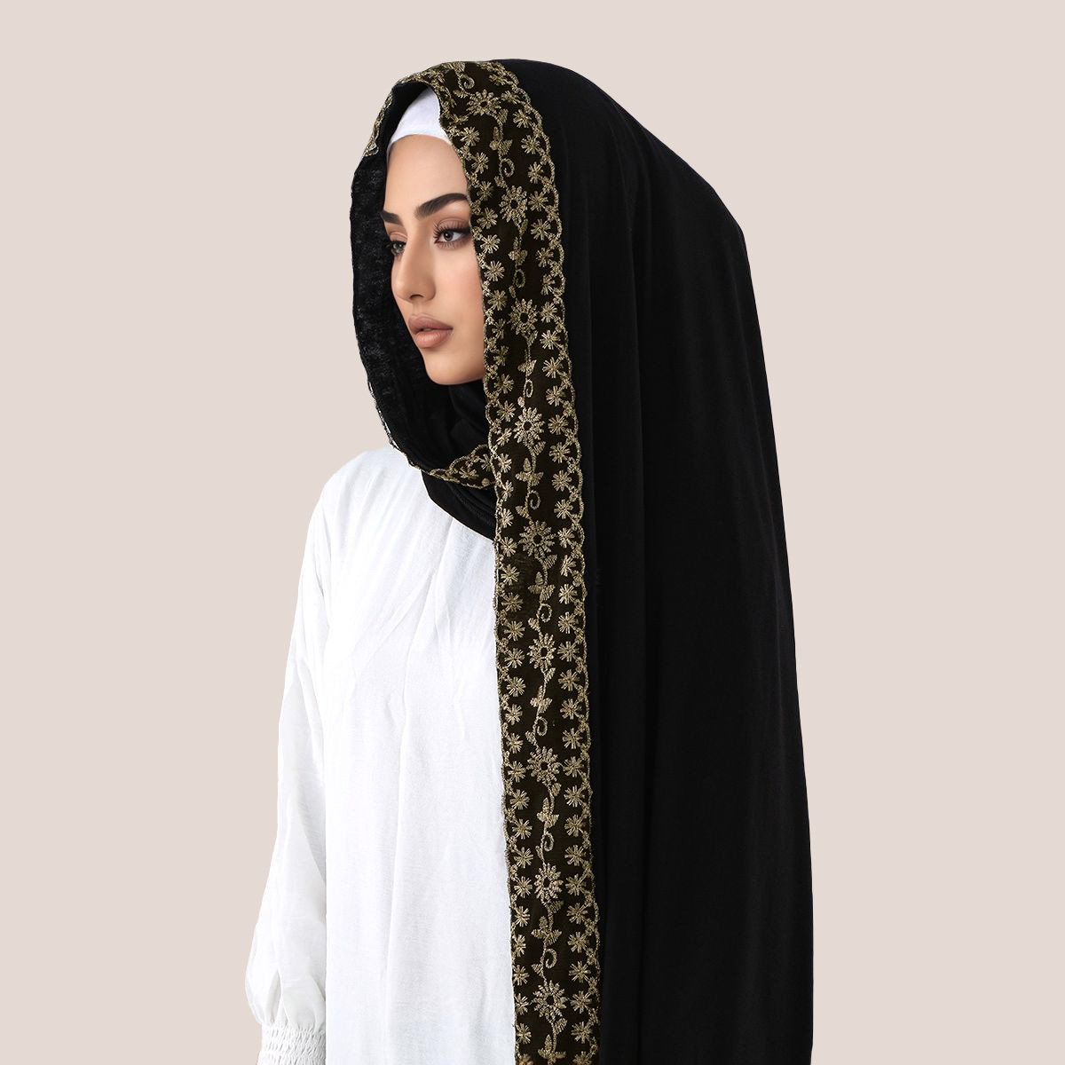 Hijab Muslim Jersey Katun Bord - Embroidery Lace ulasan dan harga