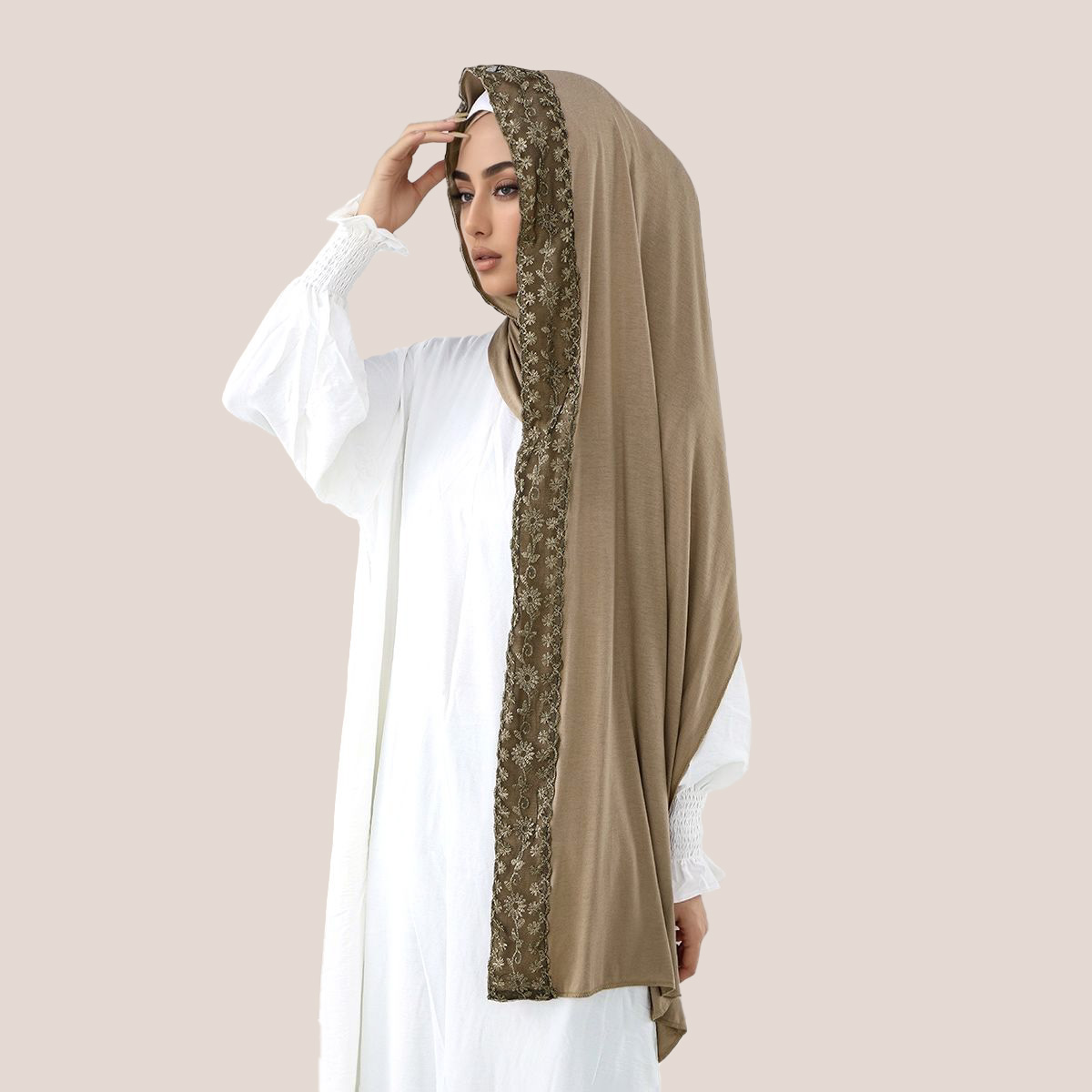Hijab Muslim Jersey Katun Bord - Embroidery Lace ulasan dan harga