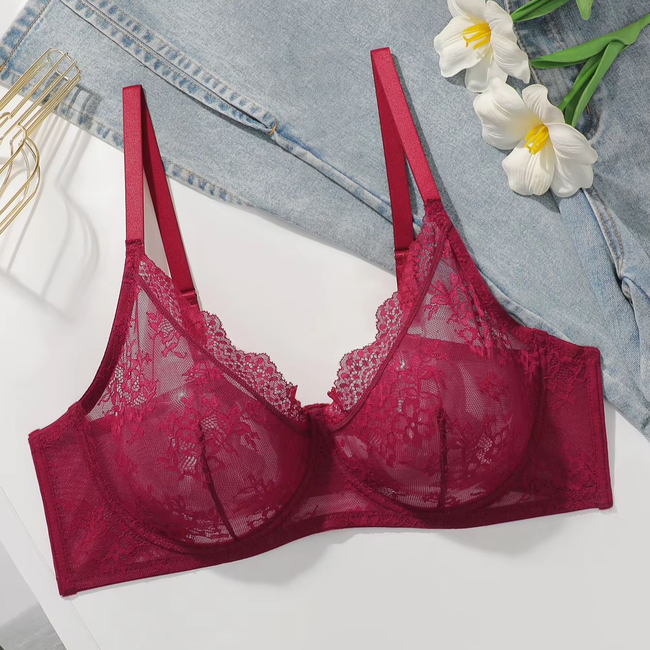Bra Wanita Ukuran Besar Merah  - Embroidery Lace ulasan dan harga