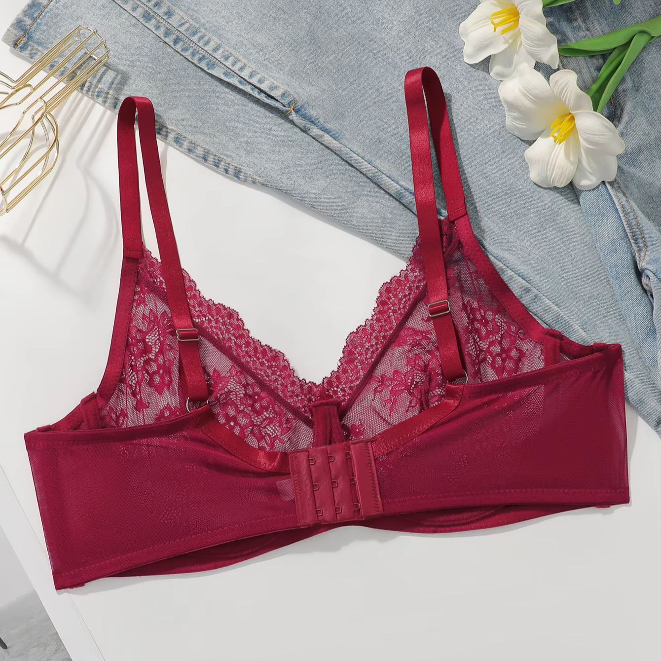 Bra Wanita Ukuran Besar Merah  - Embroidery Lace ulasan dan harga