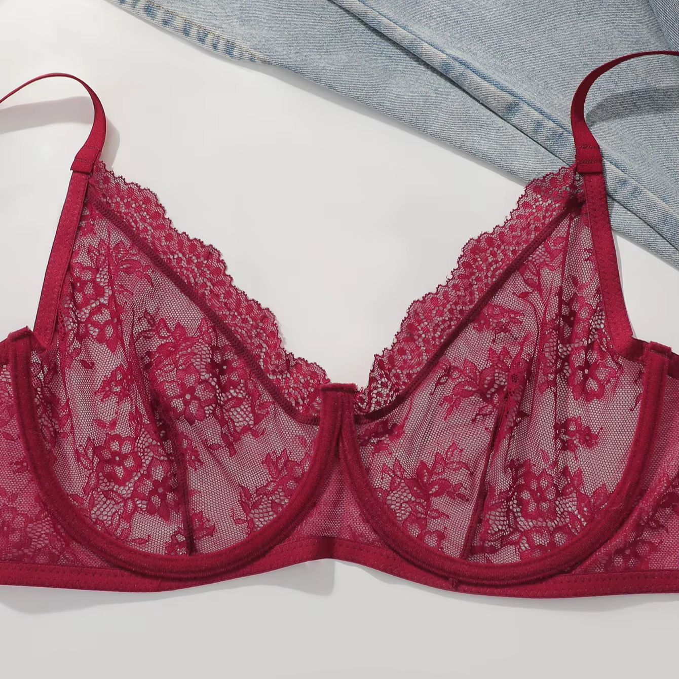 Bra Wanita Ukuran Besar Merah  - Embroidery Lace ulasan dan harga